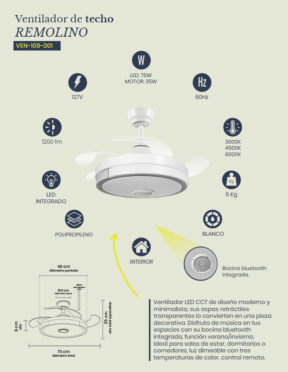 Ventilador de techo Mil Luces con control remoto 6 velocidades