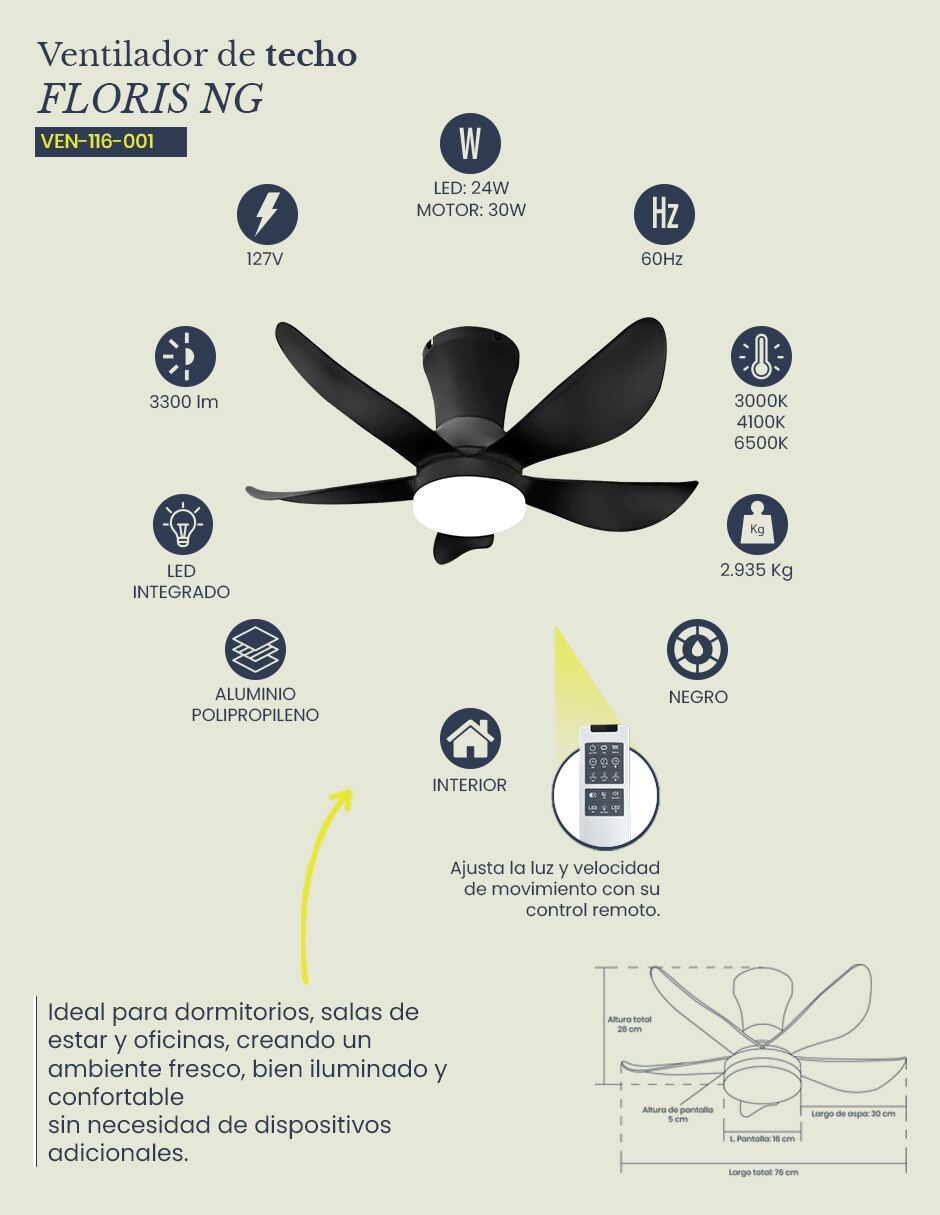 Ventilador de techo con control remoto 3 velocidades