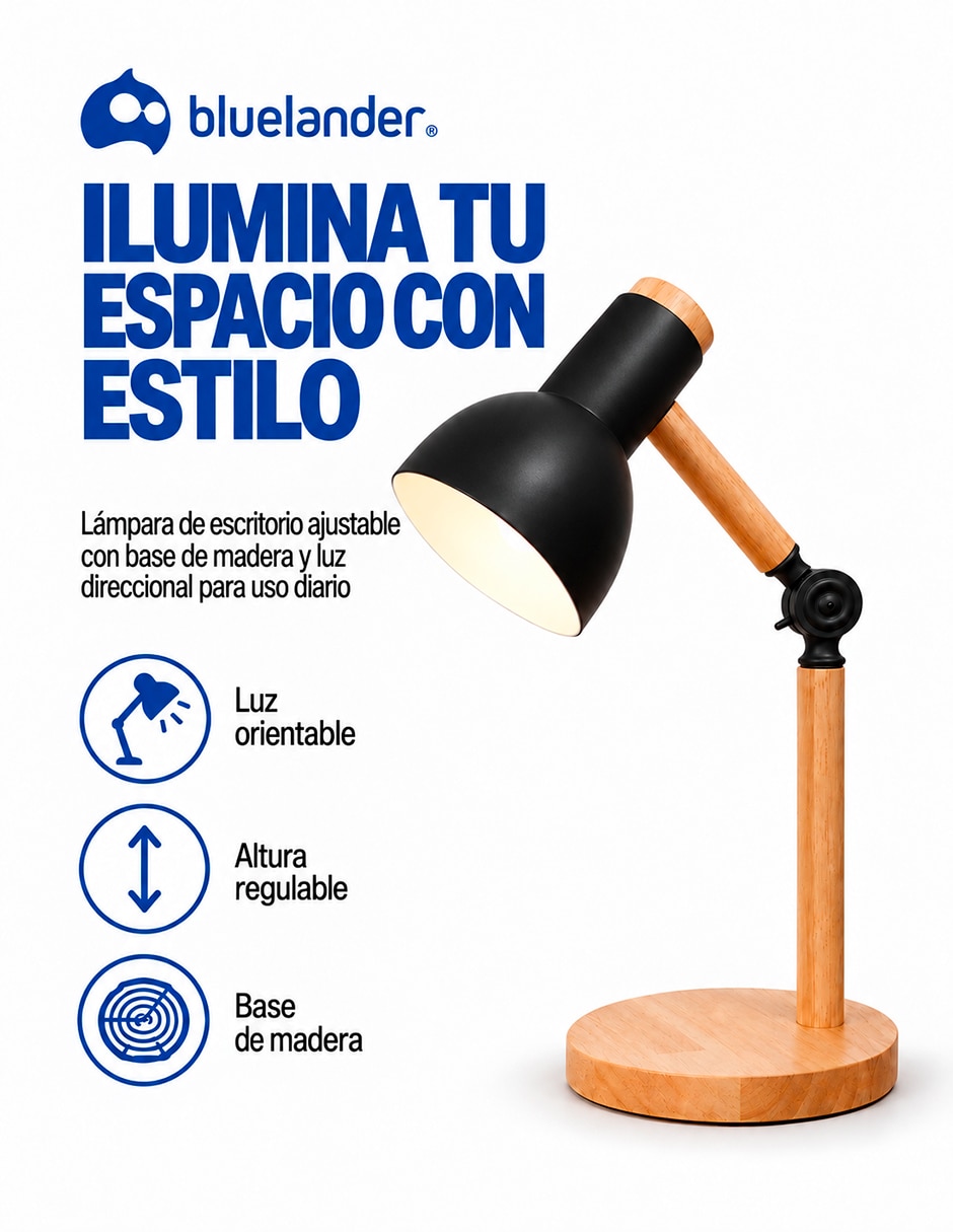 Lámpara de escritorio incandescente bluelander con base de madera 2