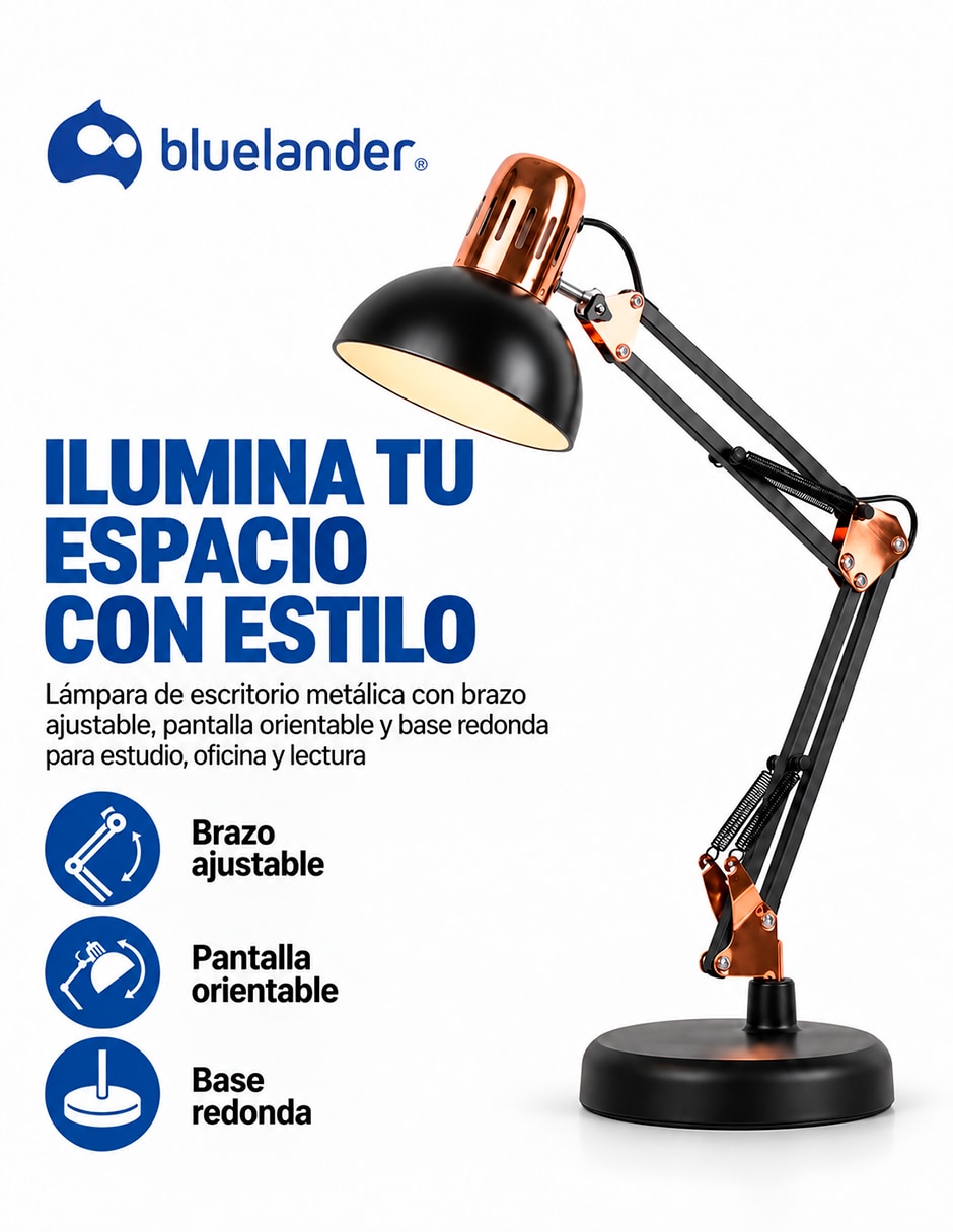 Lámpara de escritorio incandescente bluelander metálica con brazo ajustable 4